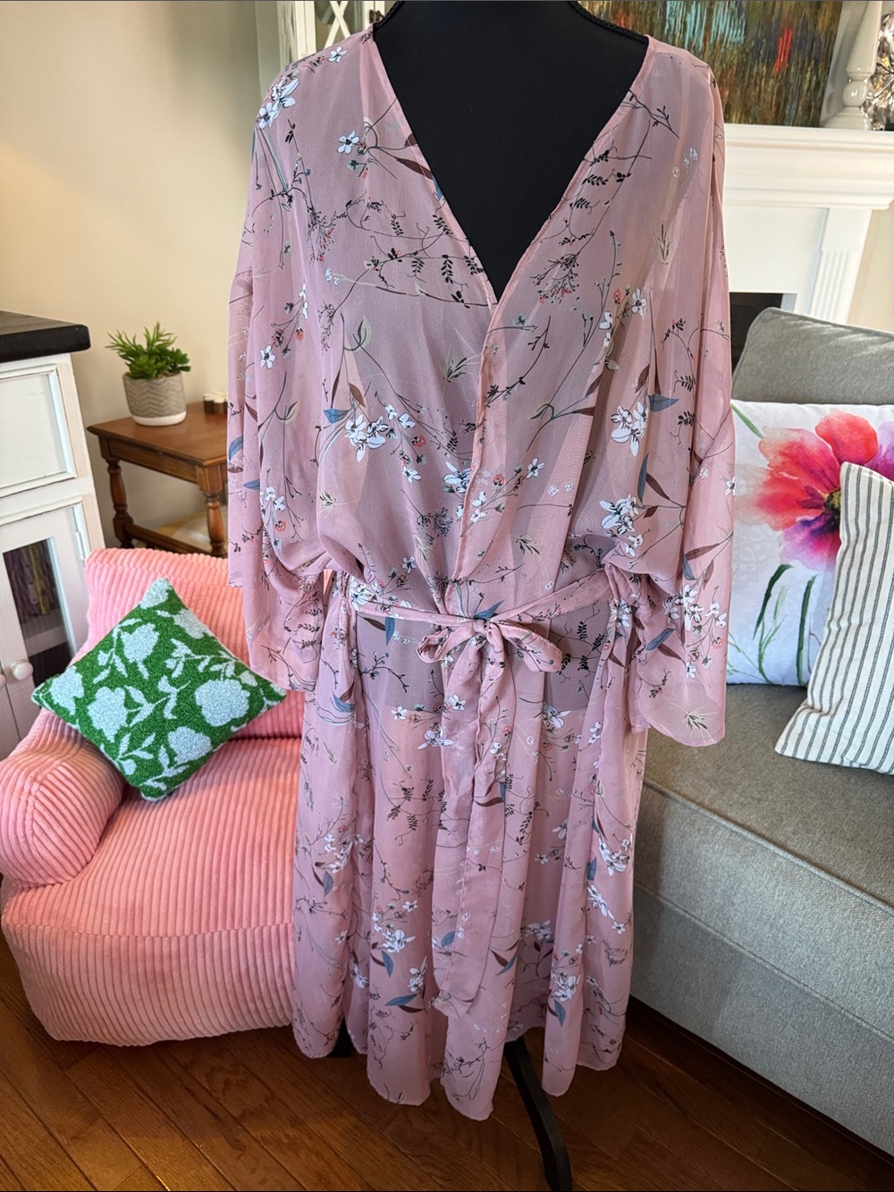 Floral Wrap Kimono Robe in Blush Pink